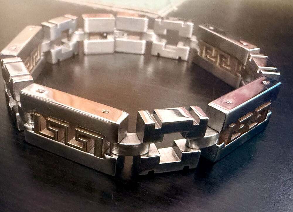 Vtg Mens Steel 2-Tone Gold/Silver Geometric Greek Key Link Bracelet  8.25"